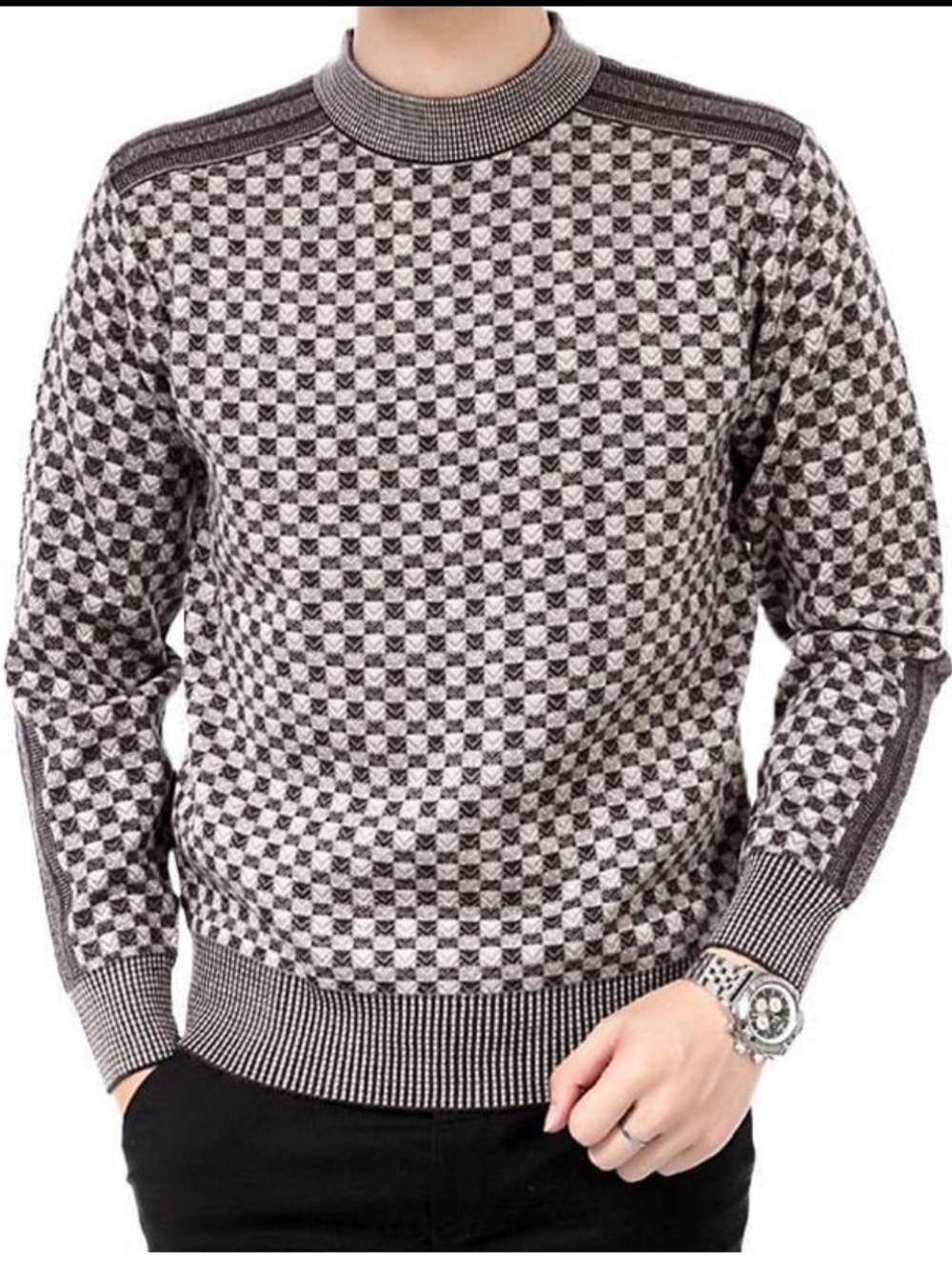 West Louis Autumn Plaid Pattern Knitted Sweater Sz Medium Gray Beige Geometric